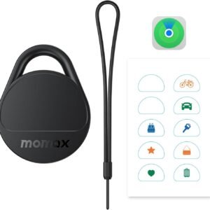 Momax Tracker Electronics Key Finder Luggage Tracker Smart Tag for Key, Backpack, Wallet, Pets Works with Apple Find My (iOS Only) and Global Search Range Include DIY Personalized Stickers (Black)